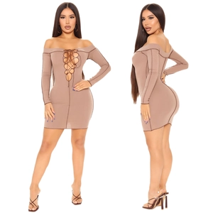 Sexy mocha off-shoulder lace-up ribbed knit mini dress with exposed seam detailing