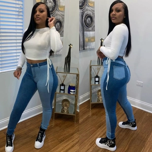 Vrouwen Hoge Taille Kleurblok Skinny Jeans Contrast Blauw Slim Fit Stretch Denim Broek Mode Casual Streetwear Trousers