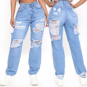 Jeans Donna a Vita Alta Gamba Larga Strappati Larghi Denim Effetto Invecchiato Streetwear Casual Azzurro Estate Jeans