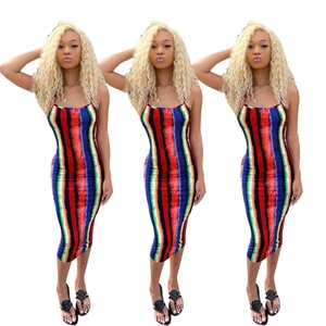 Three-view close-up of a rainbow striped bodycon midi dress with thin spaghetti straps