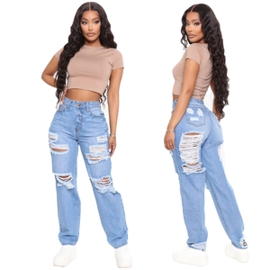 Jeans donna azzurri a vita alta e gamba larga con dettagli strappati stile street