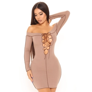 Close-up of mocha ribbed dress featuring off-shoulder neckline and lace-up cutout details