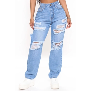 Jeans da donna a vita alta blu chiaro a gamba larga con dettagli in denim strappato