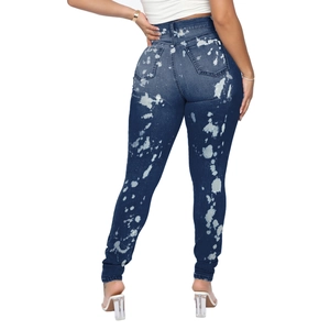 Rückansicht der High-Waist-Skinny-Jeans mit weißem Bleichmuster auf dunkelblauem Denim-Stoff
