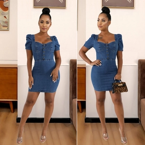 Women Sexy Denim Mini Dress Square Neck Puff Sleeve Slim Fit Bodycon Jean Dress Front Button Back Zipper Party Wear