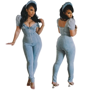 Slim fit light blue denim jumpsuit with puff sleeves and square neck plus headband