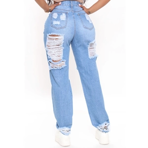 Jeans donna a vita alta con gamba larga in azzurro e dettagli strappati sul retro del capo