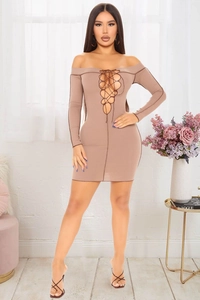 Detail of cross-strapped hollow design and ribbed knit texture on brown off-shoulder dress