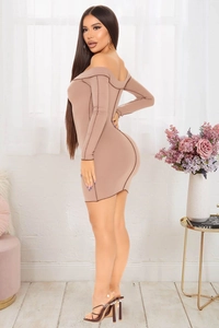Detail of slim-fit ribbed knit dress featuring off-shoulder neckline and contrast stitching
