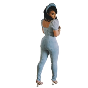 Slim fit light blue denim jumpsuit with puff sleeves and matching headband