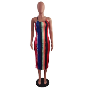 Detail of multi-color rainbow striped tie-dye pattern on slim fit cami midi dress
