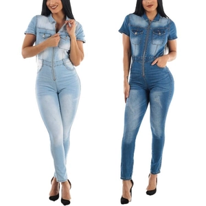 Combinaison en Jean pour Femmes Manches Courtes Col Rabattu Fermeture Éclair Avant Coupe Slim Coton Lavé Romper Pantalon Skinny
