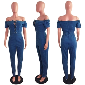 Three-way view of off-shoulder dark blue denim jumpsuit with lace-up chest detail