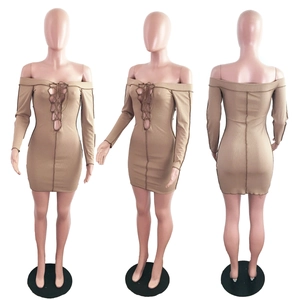 Three views of khaki off-shoulder ribbed mini dress with front lace-up cutout details