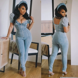 Women Denim Jumpsuit Slim Fit Puff Sleeve Square Neck Front Zipper Light Blue Fashion Casual Long Pants Romper With Headband