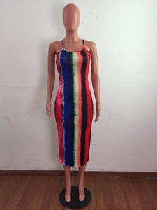 Detail of slim fit bodycon dress with vertical rainbow stripes and thin spaghetti straps