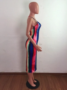 Detail of the multi-colored rainbow tie-dye striped bodycon midi dress on mannequin