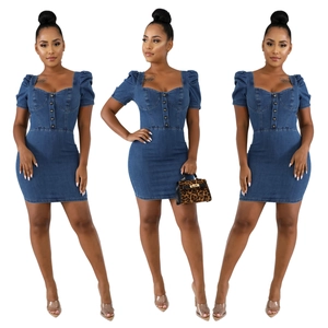 Slim fit dark blue denim mini dress with puff sleeves and front button closure