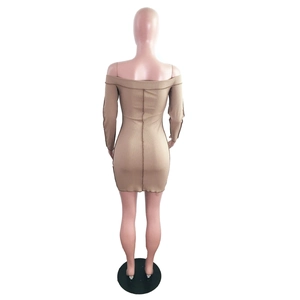 Back view of a khaki off-shoulder ribbed knit dress with slim fit and long sleeves