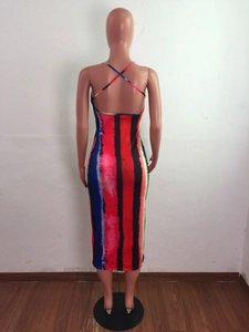 Detailed back view of a slim-fit rainbow striped maxi dress with criss-cross back straps