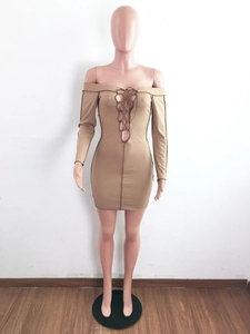 Close-up of khaki rib-knit bodycon dress with hollow lace-up tie-front detailing