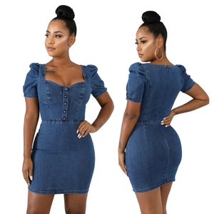 Slim fit denim dress with puff sleeves and front buttons in classic blue wash