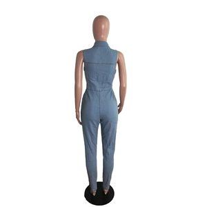 Rear view of a slim-fit light blue denim jumpsuit with sleeveless design and back stitching