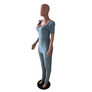 Detail of light blue denim jumpsuit with puff sleeves and metal front zipper