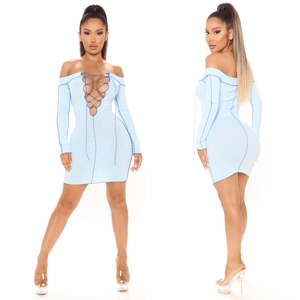 Slim fit light blue rib-knit off-shoulder dress with front lacing and contrast seams
