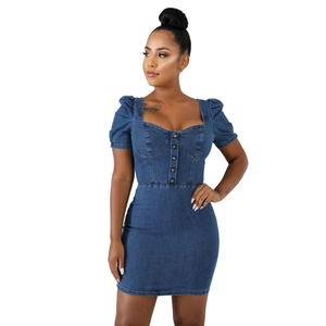 Slim fit dark blue denim mini dress with puff sleeves and heart-shaped neckline