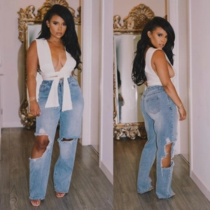 Jeans Déchirés Taille Haute pour Femmes Pantalon en Denim Jambe Droite Streetwear Bleu Noir Lavé Mode Décontractée Pantalon Long