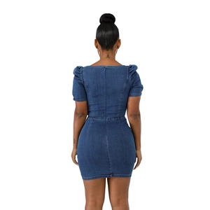 Slim fit dark blue denim mini dress with puff sleeves and back zipper closure