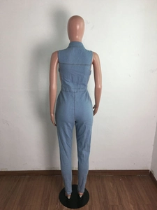 Back view of light blue sleeveless denim jumpsuit with fitted waist on a mannequin