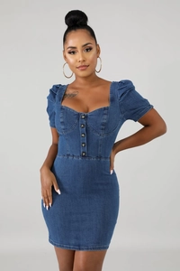 Detail of square neckline with dark buttons on slim-fit denim puff sleeve dress