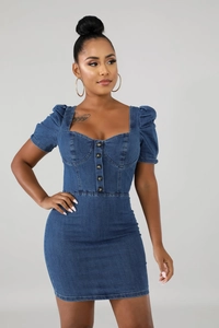 Detail of square neckline and button-up front on slim fit denim puff sleeve mini dress