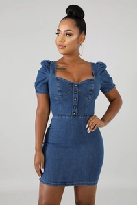 Detailed close-up of dark blue denim mini dress featuring square neck and puff sleeves