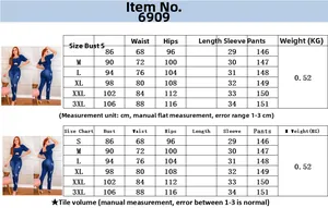 Detailed size chart for slim fit denim jumpsuit with measurements for S to 3XL sizes