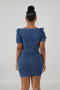 Close-up of the back view showing puff sleeves and zipper on the denim mini dress