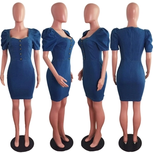 Detail views of denim blue mini dress with square neck and puffed sleeves