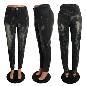 Drei-Wege-Ansicht graue Skinny-Jeans mit Acid-Wash-Bleichmuster für Damen in Schwarz