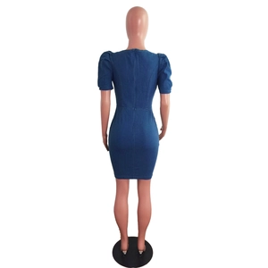 Back view of a slim-fit dark blue denim mini dress featuring stylish puff sleeves