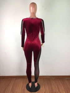 Rückansicht von burgunderrotem Samt-Jumpsuit mit transparenten Netzeinsätzen und Silberbesatz