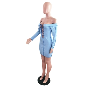 Close-up of light blue ribbed off-shoulder mini dress with lace-up front drawstring