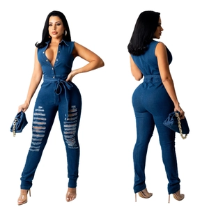 Combinaison en jean sans manches bleu foncé pour femme avec détails déchirés et pochette