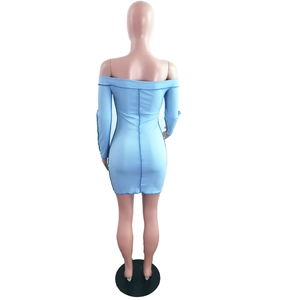Rear view detail of light blue off-shoulder ribbed bodycon dress with visible seam lines