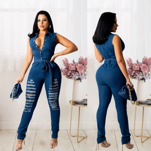 Combinaison en Jean Sans Manches Sexy pour Femmes Avec Ceinture Pantalon Long Déchiré Délavé Bleu Décontracté Streetwear Mode