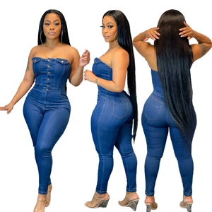 Combinaison en Jean Sans Bretelles Pour Femmes Coupe Ajustée Boutons Métalliques Délavé Tube Top Pantalon Crayon Casual Taille Haute