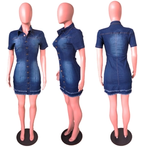 Detailed front, side and back views of a slim fit denim dress with frayed hemline