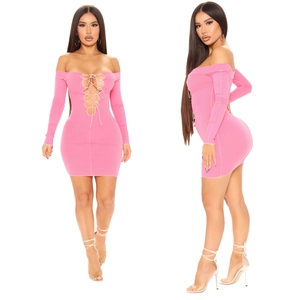 Pink off-shoulder long sleeve bodycon dress with criss-cross lace-up front design