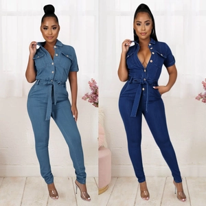 Women Casual Short Sleeve Denim Jumpsuit With Waist Tie Lapel Collar Slim Fit Fashion Street Style Long Pant Denim Romper